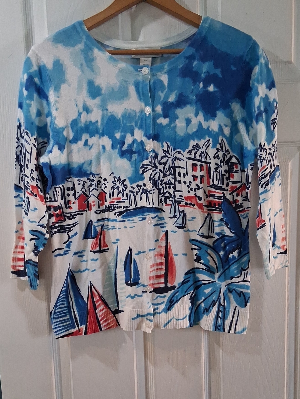 Christopher & Banks Blue, White & Red Sailboat Button-Front Cardigan Top